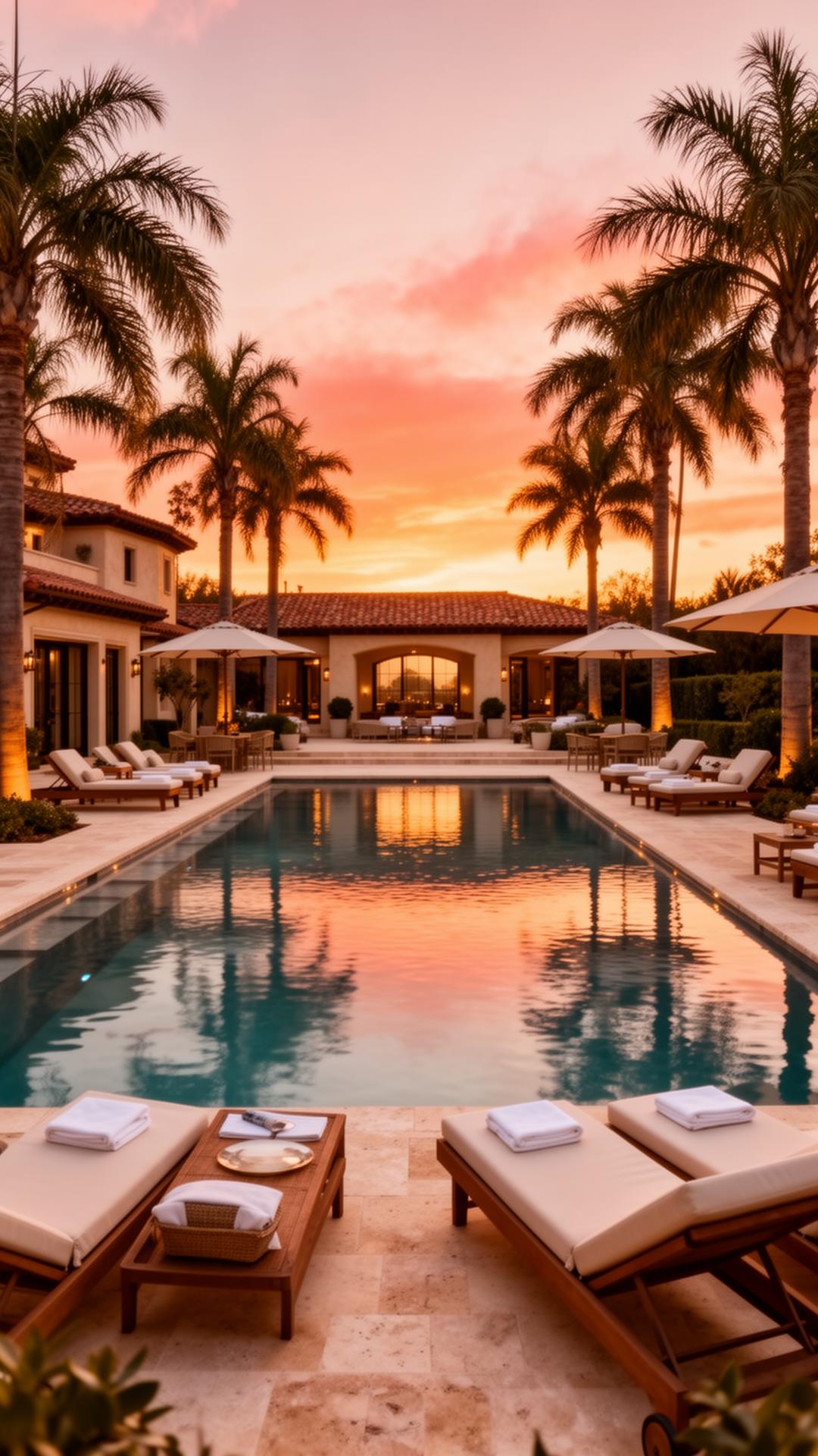 Illuminated infinity pool surrounded by Mediterranean gardens at Sancha 13
